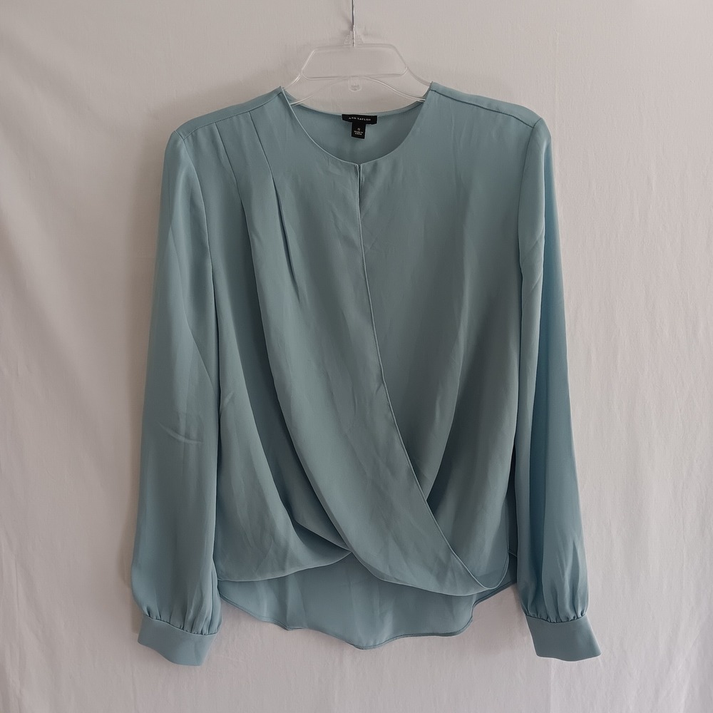 Ann Taylor Blouse Womens S Blue Excellent Draped Wrap Front Long Sleeve Top
